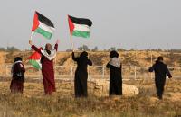 سيدات يرفعن علم فلسطين على الشريط الحدودي