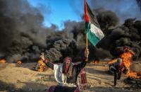 فلسطينية ترفع علم فلسطين خلال مسيرات العودة على الحدود الفلسطينية