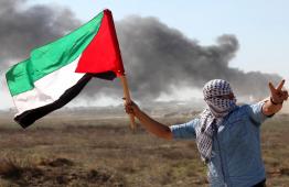 فلسطيني يرفع علم فلسطين